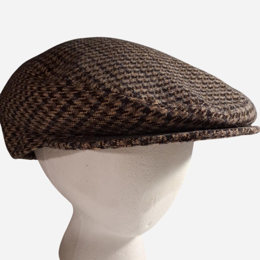 Mens paperboy hat brown  gray houndstooth wool blend paperboy hat flat cap